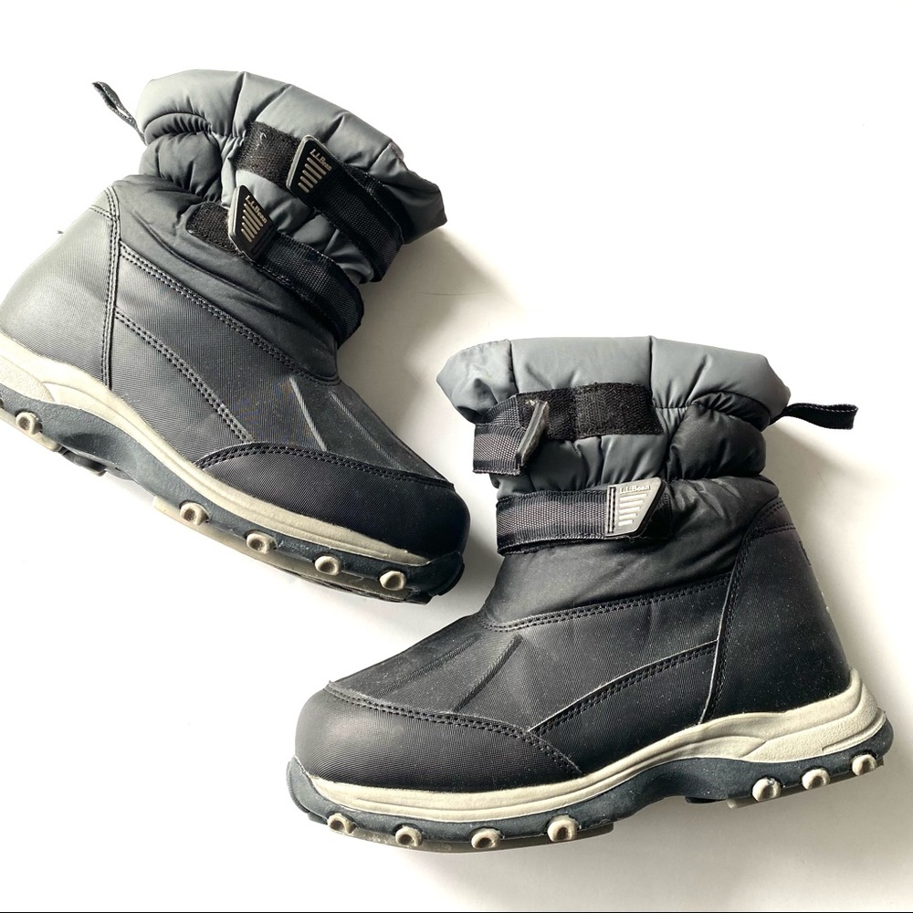 LL BEAN Youth Boys 5 Black Gray Waterproof Adjustable Mid Calf Pull On Snow Boot